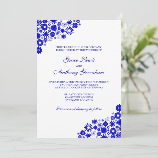  Florals Royal Blue Wedding Invitation Kaart (Staand voorkant)