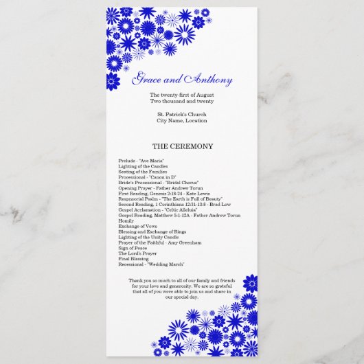  Florals Royal Blue Wedding Programme Programmakaart (Achterkant)