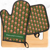  florals, roze op groen retro monogram ovenwant & pannenlap set