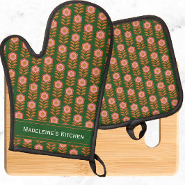 florals, roze op groen retro monogram ovenwant & pannenlap set