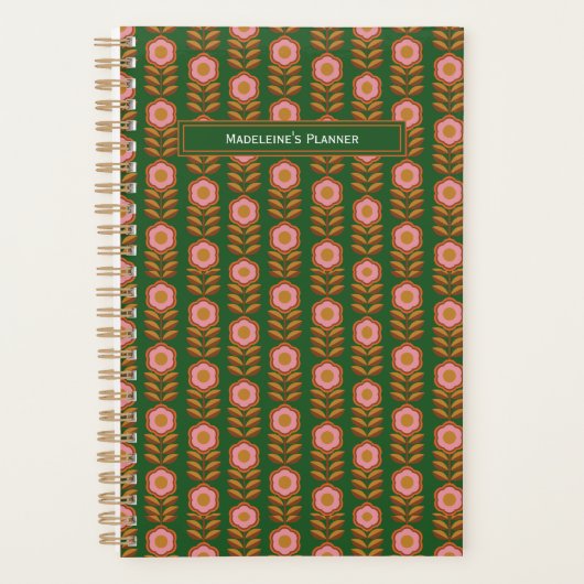  florals, roze op groen retro monogram planner (Voorkant)