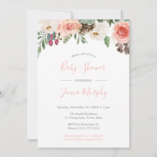 Florals Seedpods Rustic Winter Girl Baby shower Kaart (Voorkant)