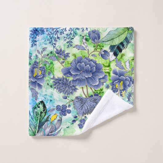Florals Slate Blue, Green White, Feathers Bad Handdoek (Wasdoekje)