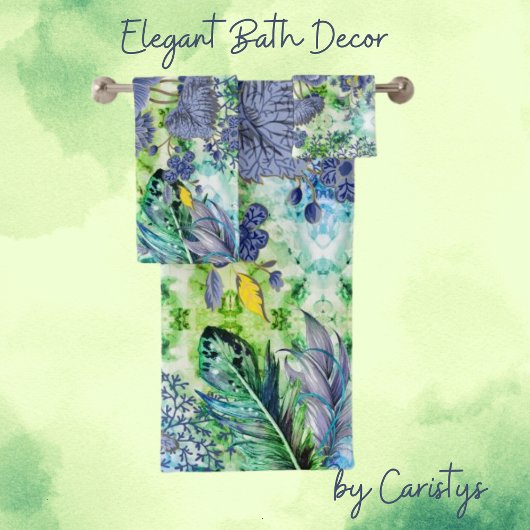 Florals Slate Blue, Green White, Feathers Bad Handdoek