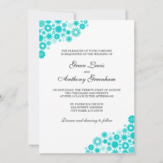  Florals Turquoise Wedding Invitation Kaart (Voorkant)