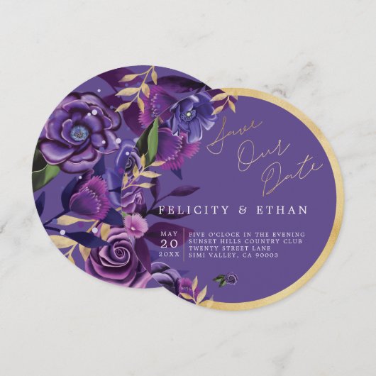 Florals Ultra Violet & Gold Wedding Save the Date (Voorkant / Achterkant)