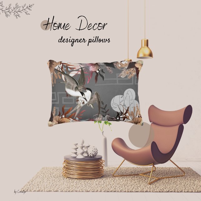 Florals, vogels, wijde grijze achtergrond accent kussen (Creator heeft geüpload)