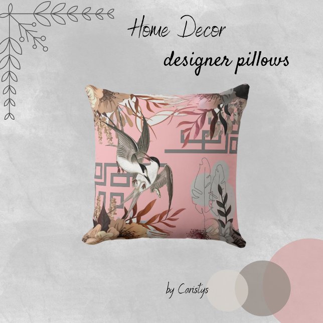 Florals, vogeltjes, Blush roze achtergrondaccessoi Kussen (Creator heeft geüpload)