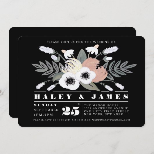 Florals Wedding Black & White uitnodigingen (Voorkant / Achterkant)