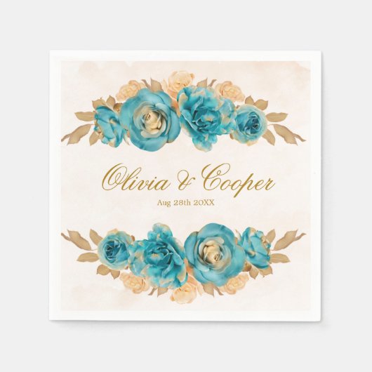 Florals Wedding blauwgroen en Creamy Gold Waterver Servet (Voorkant)