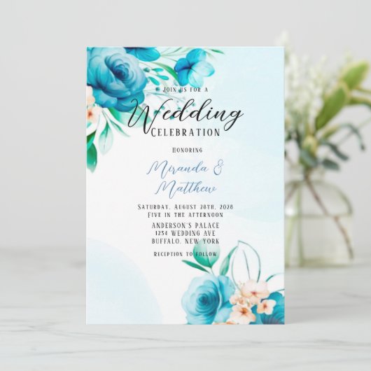 Florals Wedding blauwgroen en Peach Waterverf Kaart (Staand voorkant)