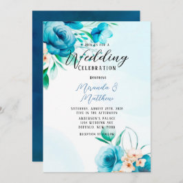 Florals Wedding blauwgroen en Peach Waterverf Kaart
