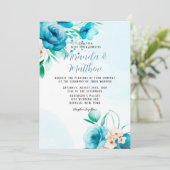 Florals Wedding Invitati, blauwgroen en peach Wate Kaart (Staand voorkant)