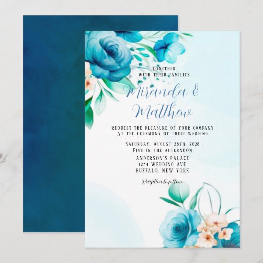 Florals Wedding Invitati, blauwgroen en peach Wate Kaart (Voorkant / Achterkant)