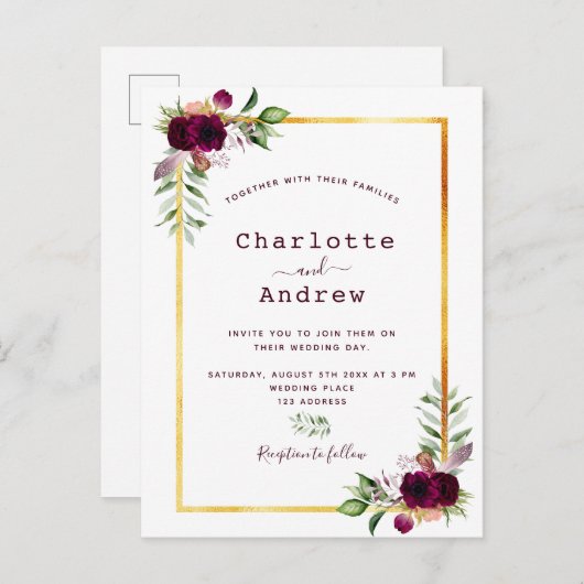 Florals white gold greenery burgundy boho bruiloft briefkaart (Voorkant / Achterkant)