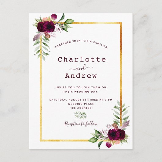 Florals white gold greenery burgundy boho bruiloft briefkaart (Voorkant)