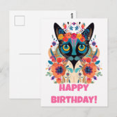 FloralSiamese Cat Briefkaart: Happy Birthday Editi Briefkaart (Voorkant / Achterkant)