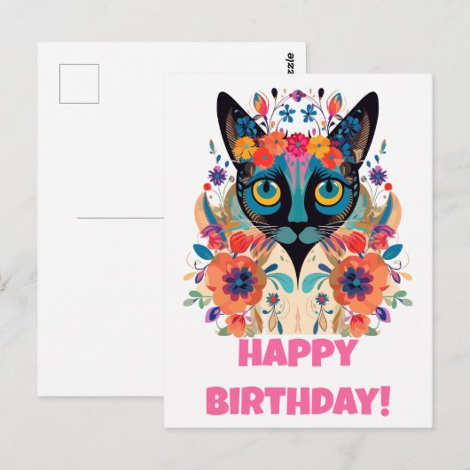 FloralSiamese Cat Briefkaart: Happy Birthday Editi Briefkaart (Voorkant / Achterkant)