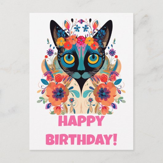 FloralSiamese Cat Briefkaart: Happy Birthday Editi Briefkaart (Voorkant)