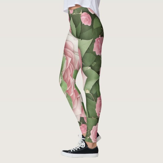 Floreado de Hojas Verdes y Flores Rosas Leggings (Links)