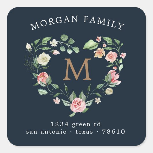 floreel hart met monogram retour-adres vierkante sticker (Voorkant)