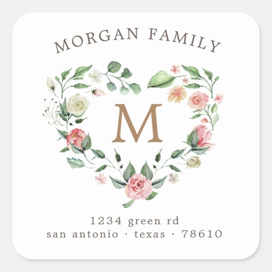 floreel hart met monogram retour-adres vierkante sticker (Voorkant)