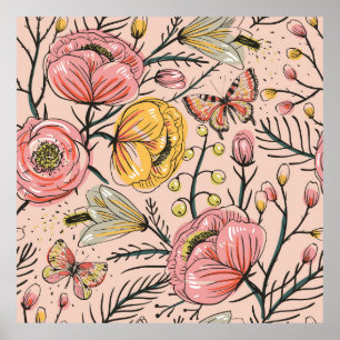 floreel naadloos patroon met  bloemen en poster
