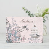 floreel poeder roze vogelkooi liefde vogels bruilo kaart (Staand voorkant)