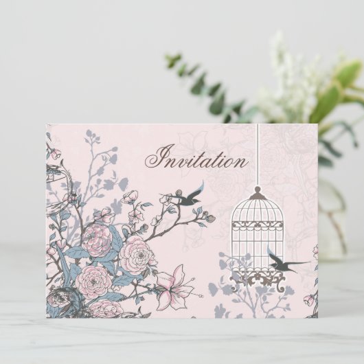 floreel poeder roze vogelkooi liefde vogels bruilo kaart (Staand voorkant)