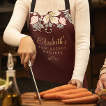 florelegant keuken schort<br><div class="desc">Chef gepersonaliseerde  roestrijke keukenschoorn met een delicaat zwarte roze,  perachycrème en groene bloem botanische wilde bloemen grenst aan een donkerrode kruit (verwisselbare) achtergrond.             Het kan een mooi cadeau voor je eigen keuken zijn of een persoonlijk cadeau voor iemand speciaal,  jarig,  jarig,  kerstfeest,  vrijgezellenfeest of een huwelijkscadeau.</div>
