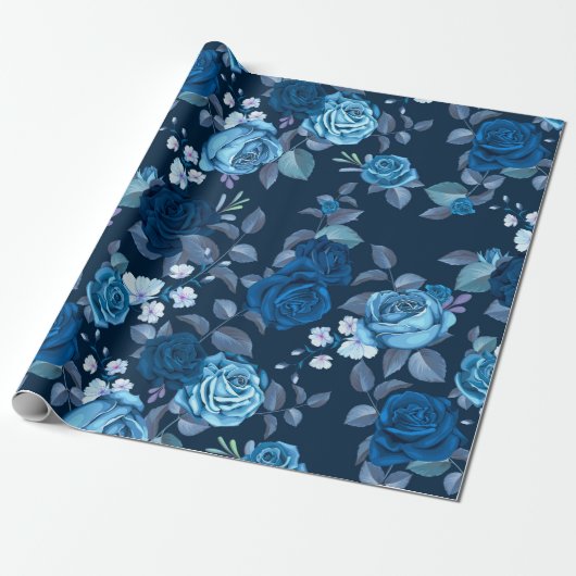 Florence  blauw roos cadeaupapier (Uitgerold)