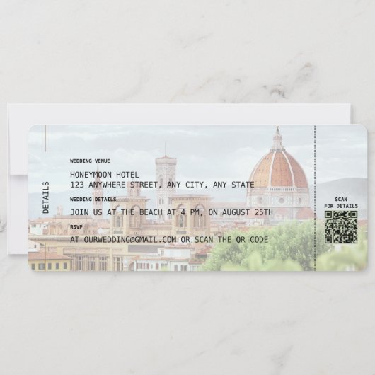 FLORENCE Boarding Pass Destination Wedding QR code Kaart (Achterkant)