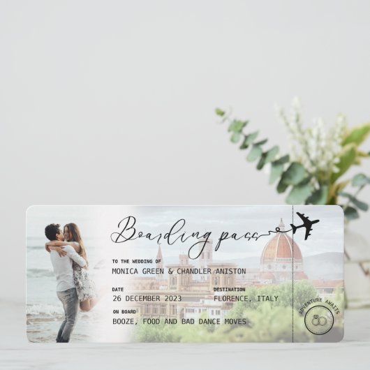 FLORENCE Boarding Pass Destination Wedding QR code Kaart (Staand voorkant)