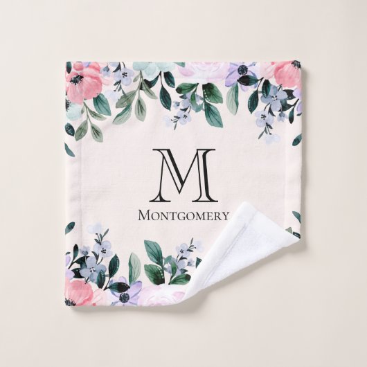 Florence Border Monogram roze en Paarse Waterverf Bad Handdoek (Wasdoekje)