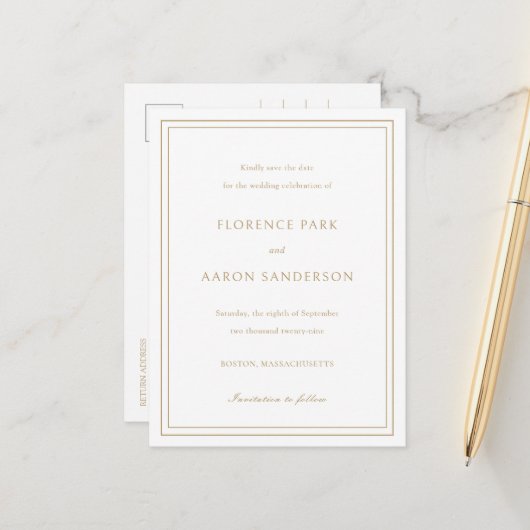 Florence Gold Elegant Wedding Save the Date Aankondigingskaart (Voorkant / Achterkant in situ)