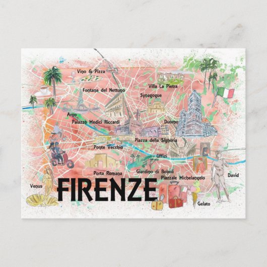 Florence Italië Illustrate Map Briefkaart (Voorkant)