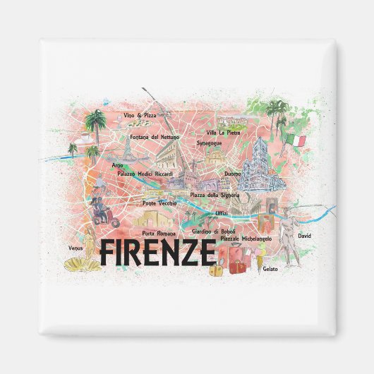 Florence Italy Illustrated Map with Landmarks Magneet (Voorkant)