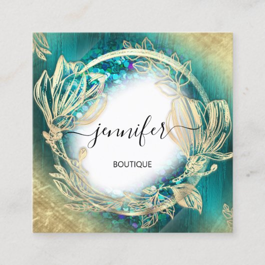 Florence Lijst QR Code Logo Gold Blauwgroen Blauw Vierkante Visitekaartje (Voorkant)