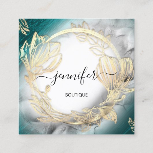 Florence Lijst QR Code Logo Gold Blauwgroen Grijs Vierkante Visitekaartje (Voorkant)