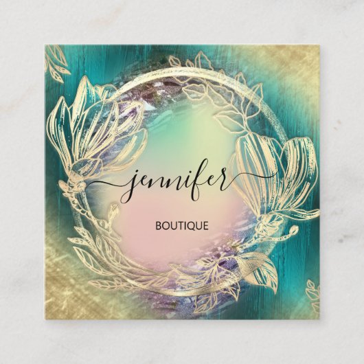 Florence Lijst QR Code Logo Gold Blauwgroen Roos Vierkante Visitekaartje (Voorkant)