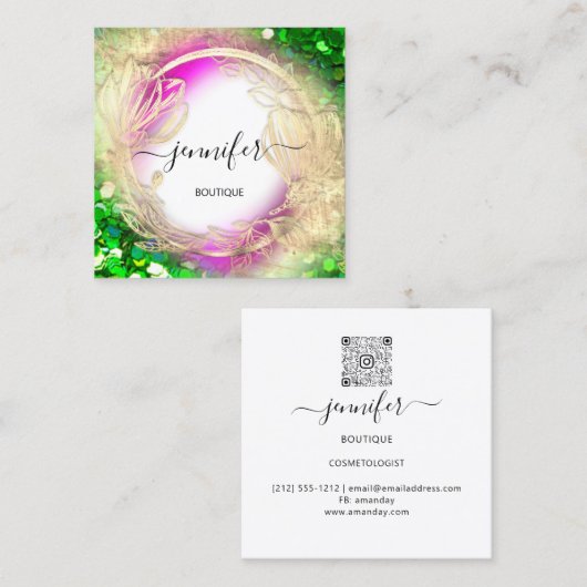 Florence Lijst QR Code Logo Gold Green Pink Vierkante Visitekaartje (Voorkant / Achterkant)