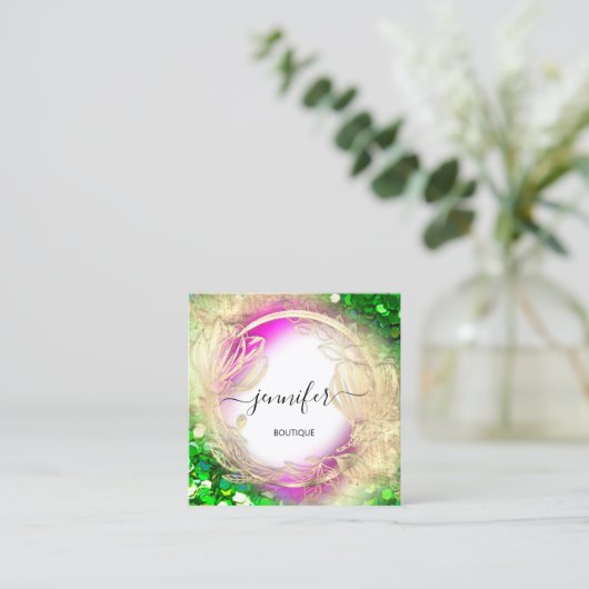 Florence Lijst QR Code Logo Gold Green Pink Vierkante Visitekaartje (Staand voorkant)