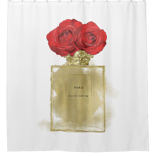 Florence Mode Perfume Fles Red Roses Gold Glam Douchegordijn (Voorkant)