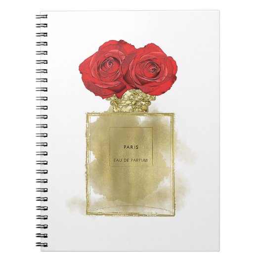 Florence Mode Perfume Fles Red Roses Gold Glam Notitieboek (Voorkant)