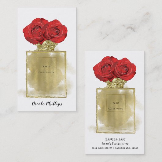 Florence Mode Perfume Fles Red Roses Gold Glam Visitekaartje (Voorkant / Achterkant)