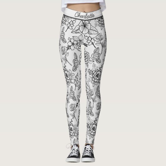 Florence naadloos patroon zwart-wit op maat leggings (Voorkant)