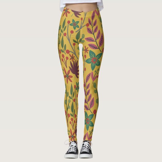 Florence naadloze gele bloemen en bladeren leggings (Voorkant)
