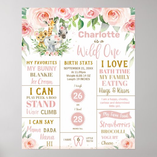 Florence Oerwoud Animals 1st Birthday Milestone St Poster (Voorkant)