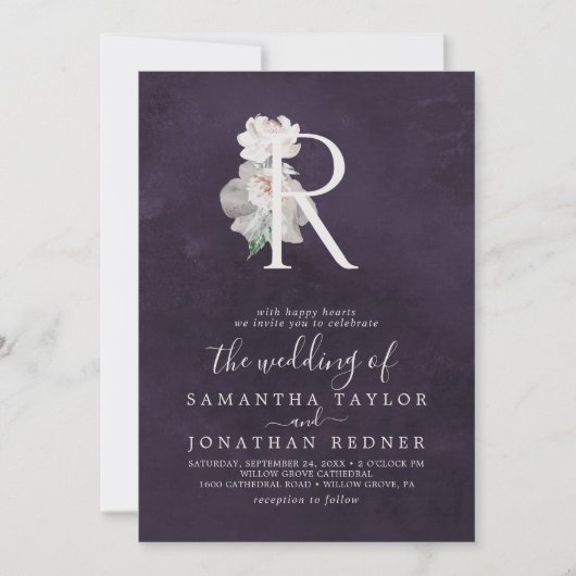 Florence Romance Letter R Monogram | Plum Wedding Kaart (Voorkant)