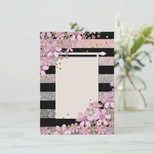 Florence roze bloemen gouden polka punts striped l kaart (Staand voorkant)